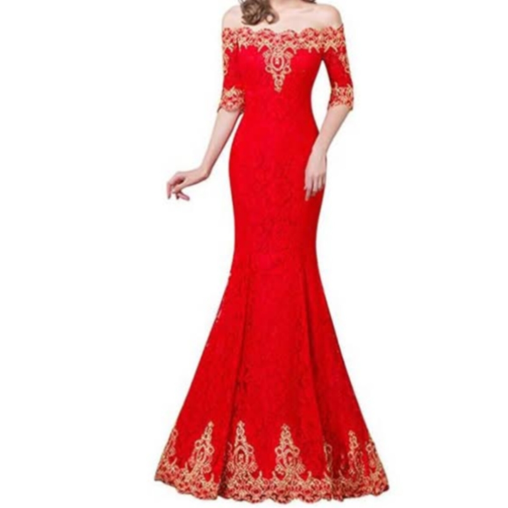 Elegant Off-Shoulder Red Dress with Gold Detailing